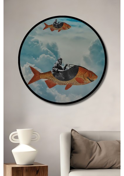 Gökyüzünde Uçan Balıklar Yağlı Boya Görünümlü Ahşap Dekoratif Tablo Yuvarlak Tablo fiyatları