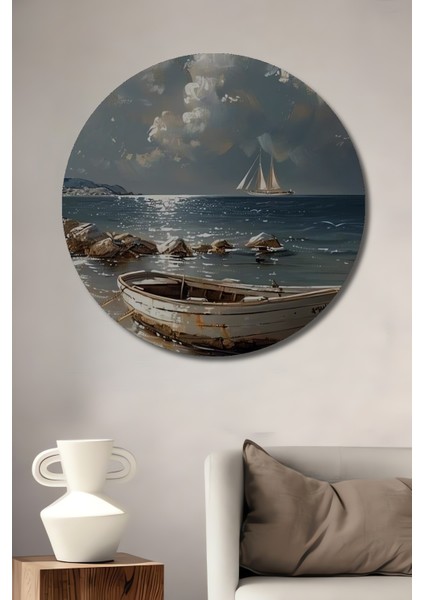 Deniz Kenarında Ahşap Tekne Yağlı Boya Görünümlü Dekoratif Ahşap Tablo Yuvarlak Tablo