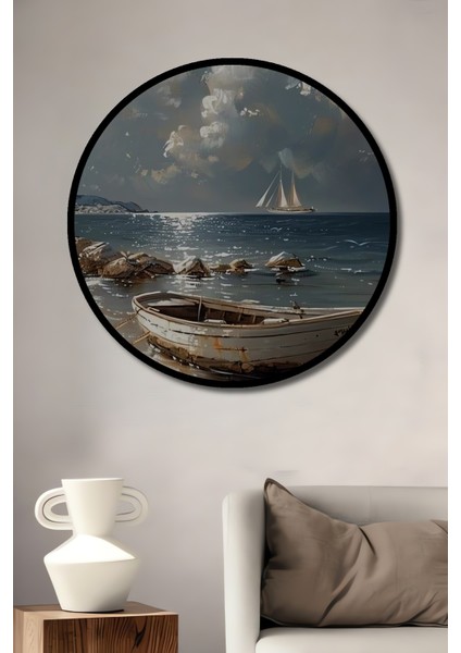 Deniz Kenarında Ahşap Tekne Yağlı Boya Görünümlü Dekoratif Ahşap Tablo Yuvarlak Tablo fiyatları