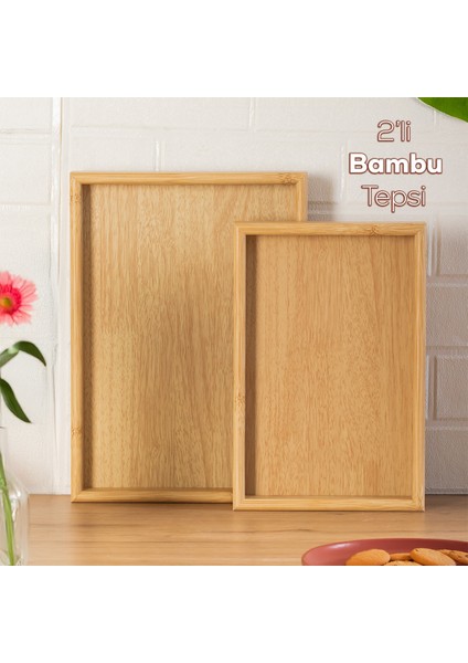 PBT-362 Ahşap Tepsi 2li Set Çay Kahve Bambu Sunumu Tepsi Seti