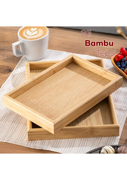 PBT-362 Ahşap Tepsi 2li Set Çay Kahve Bambu Sunumu Tepsi Seti modelleri