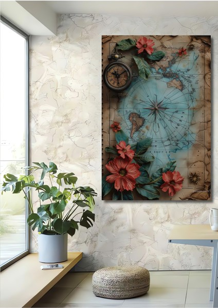 Dekoratif Ahşap Tablo Vintage Harita Sulu Boya Görünümlü Sanat Eseri Dikdörtgen Tablo