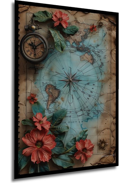 Dekoratif Ahşap Tablo Vintage Harita Sulu Boya Görünümlü Sanat Eseri Dikdörtgen Tablo