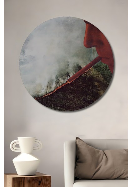 Albert Einstein Sigara Içerken Yağlı Boya Görünümlü Ahşap Dekoratif Tablo Yuvarlak Tablo