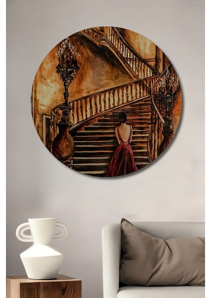 Ahşap Dekoratif Tablo Yağlı Boya Görünümlü Göz Kamaştırıcı Merdiven Bohem Sanat Eseri Yuvarlak Tablo