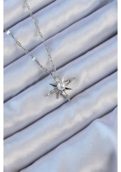 316L Çelik Zincir Gümüş Renk Baget Taşlı Inci Detay Kutup Yıldızı Kolye - TJ-BKO9120