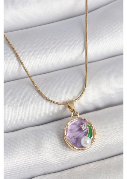 316L Çelik Gold Renk Zincir Mor Çiçek Işlemeli Zirkon Taş Inci Detaylı Minimal Portre Model Kadın Kolye - TJ-BKO10134