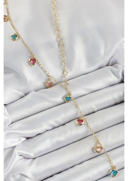 Pirinç Asorti Kalp Model Gold Renk Zirkon Taşlı Y Kolye - TJ-BKO10248