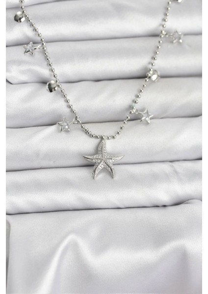 Pirinç Gümüş Renk Zirkon Taşlı Deniz Yıldızı Model Kadın Kolye - TJ-BKO10654