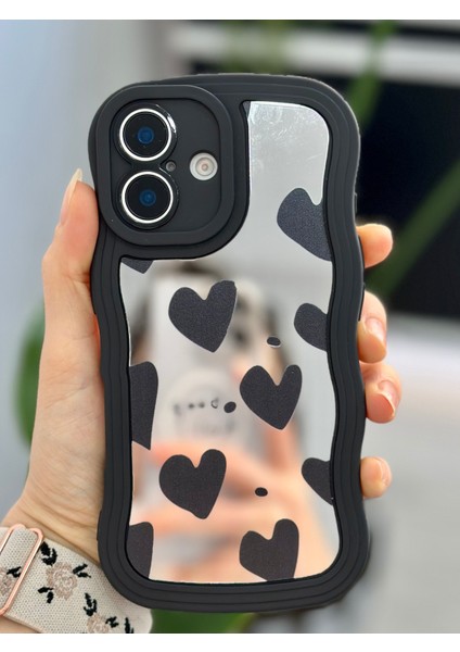 Iphone 16 Uyumlu Siyah Kalp Tasarımlı Aynalı Silikon Kılıf