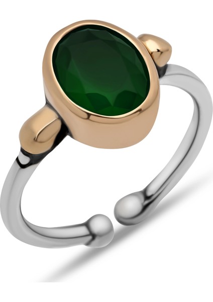 Gümüş Yeşil Taşlı Ayarlanabilir Otantik Kadın Yüzük