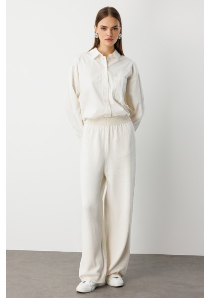 Geniş Paça Beli Lastikli Ekru Triko Jogger Pantolon