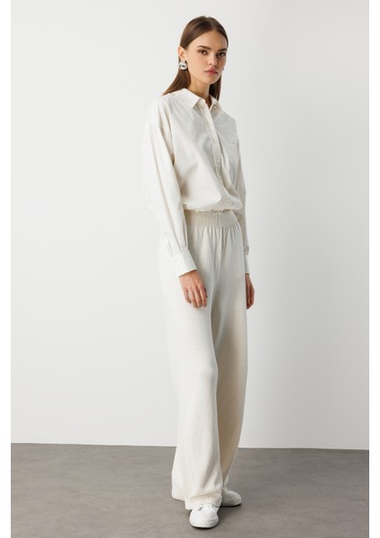 Geniş Paça Beli Lastikli Ekru Triko Jogger Pantolon fiyatları
