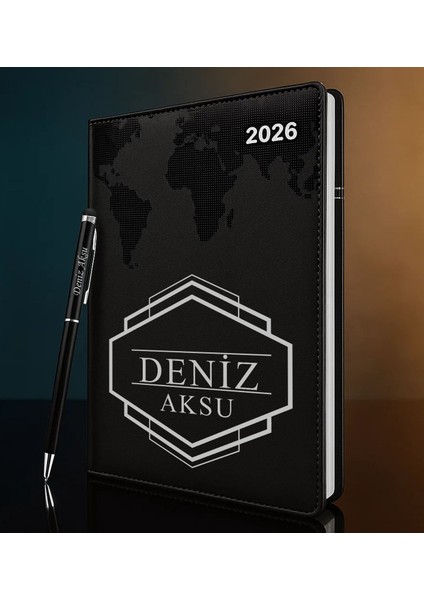 Kişiye Özel Isimli Termo Sert Kapak 2026 Siyah Ajanda & Kalem -4, Öğretmenler Günü Hediyesi, Yeni Iş Hediyesi