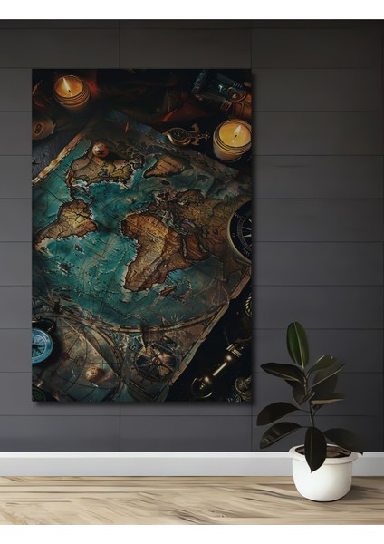 Keşifler Çağı Haritası Ahşap Dekoratif Tablo Yağlı Boya Görünümlü Sanat Eseri Dikdörtgen Tablo
