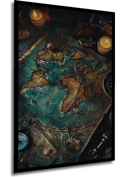 Keşifler Çağı Haritası Ahşap Dekoratif Tablo Yağlı Boya Görünümlü Sanat Eseri Dikdörtgen Tablo