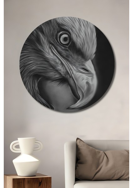 Kara Kalem Görünümlü Kartal Ahşap Dekoratif Tablo Yuvarlak Tablo