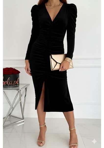 Kadın Uzun Kollu Derin Kruvaze Yakalı Önden Büzgülü Yırtmaç Detaylı Kadife Midi Elbise