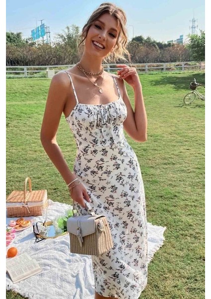 Kadın Ip Askılı Yakadan Bağcıklı Desenli Süprem Elbise fırsatları