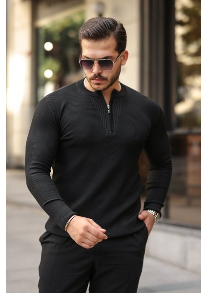 Erkek Fermuarlı Bisiklet Yaka Dokulu Uzun Kollu Triko