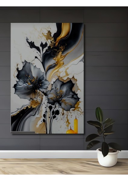 Altın Vurgulu Siyah Lale Yağlı Boya Görünümlü Dekoratif Ahşap Tablo Dikdörtgen Tablo