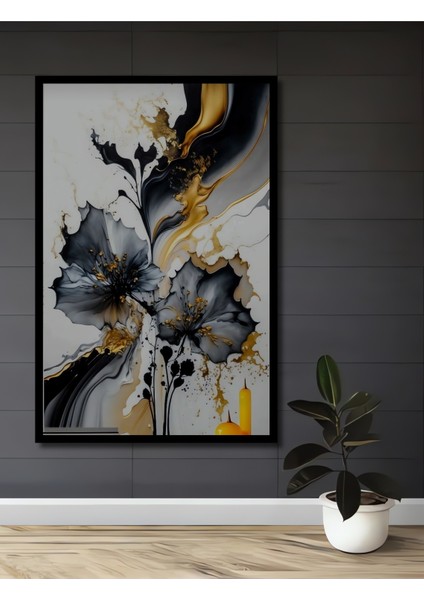 Altın Vurgulu Siyah Lale Yağlı Boya Görünümlü Dekoratif Ahşap Tablo Dikdörtgen Tablo fiyatları