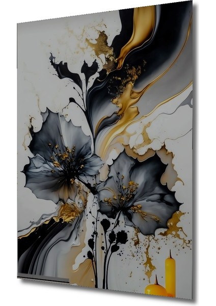 Altın Vurgulu Siyah Lale Yağlı Boya Görünümlü Dekoratif Ahşap Tablo Dikdörtgen Tablo modelleri