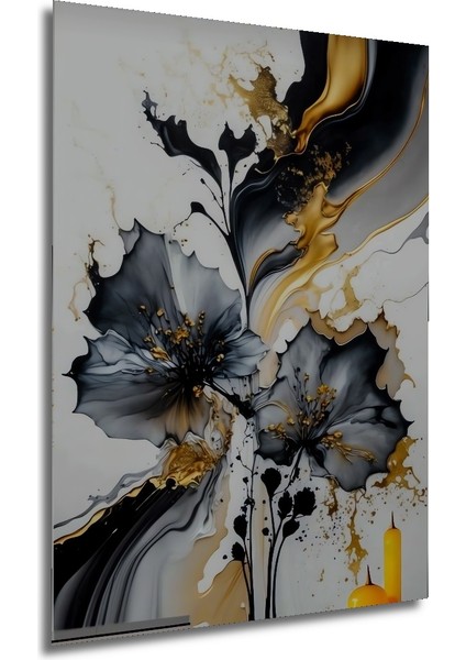 Altın Vurgulu Siyah Lale Yağlı Boya Görünümlü Dekoratif Ahşap Tablo Dikdörtgen Tablo fırsatları