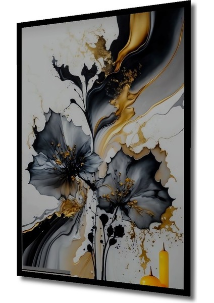 Altın Vurgulu Siyah Lale Yağlı Boya Görünümlü Dekoratif Ahşap Tablo Dikdörtgen Tablo indirimleri