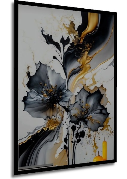 Altın Vurgulu Siyah Lale Yağlı Boya Görünümlü Dekoratif Ahşap Tablo Dikdörtgen Tablo