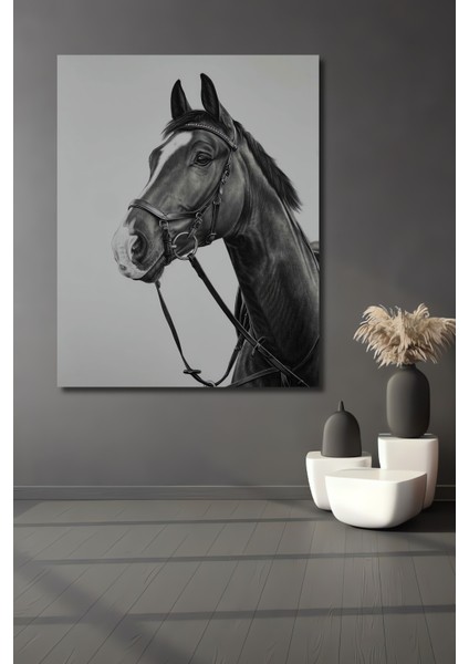 Asil Atın Siyah Beyaz Kara Kalem Ahşap Dekoratif Tablosu Dikdörtgen Tablo