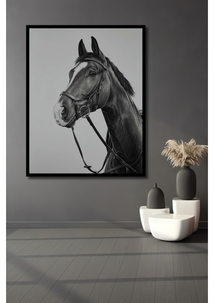 Asil Atın Siyah Beyaz Kara Kalem Ahşap Dekoratif Tablosu Dikdörtgen Tablo fiyatları