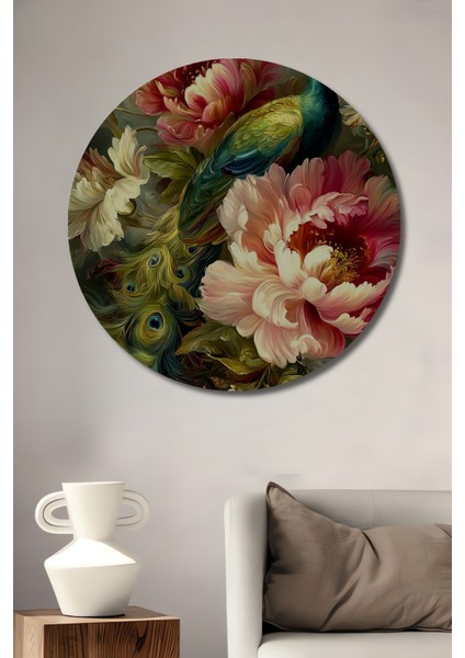 Görkemli Tavus Kuşu ve Şakayıklar Yağlı Boya Görünümlü Dekoratif Ahşap Tablo Yuvarlak Tablo