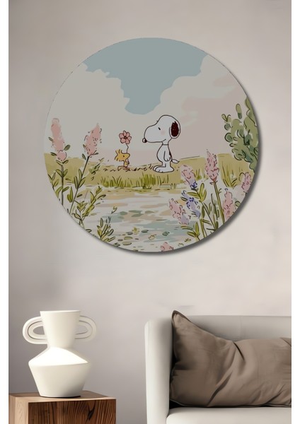 Snoopy ve Woodstock Sevimli Bebek Ördekleri Sulu Boya Görünümlü Ahşap Dekoratif Tablo Yuvarlak Tablo