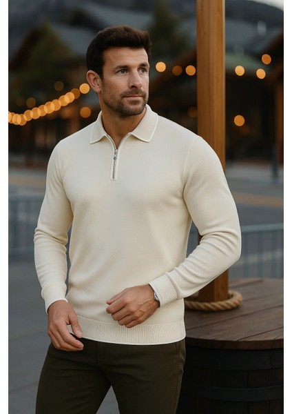 Erkek Günlük Uzun Kollu Krem Polo Yaka Kazak