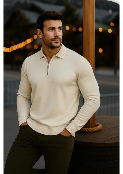 Erkek Günlük Uzun Kollu Krem Polo Yaka Kazak modelleri