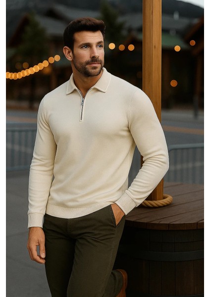 Erkek Günlük Uzun Kollu Krem Polo Yaka Kazak fırsatları