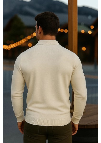 Erkek Günlük Uzun Kollu Krem Polo Yaka Kazak