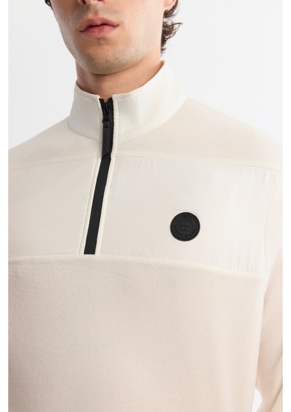 Erkek Ekru Soğuğa Dayanıklı Fermuarlı Dik Yaka Polar Regular Fit Sweatshirt A42Y1380