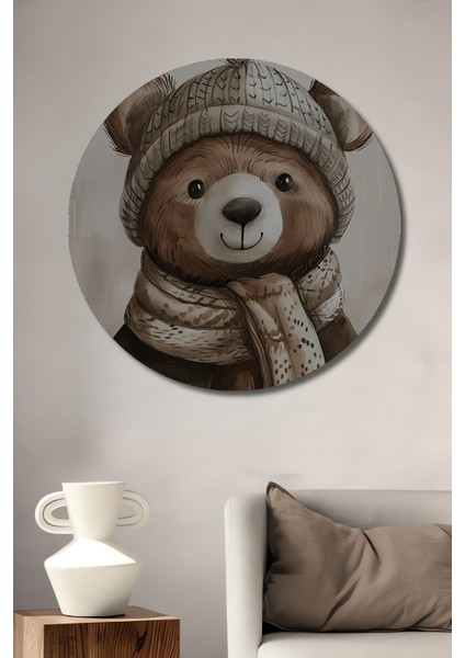 Sevimli Ayıcık Suluboya Görünümlü Ahşap Dekoratif Tablo Yuvarlak Tablo