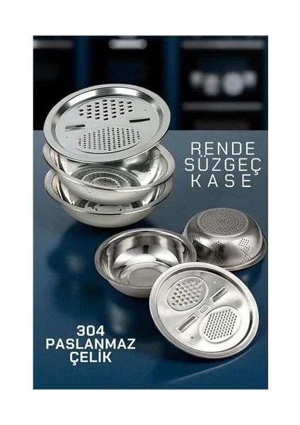 Çelik Rende Kase Süzgeç Seti - Multifix 3 In 1 Paslanmaz Çelik