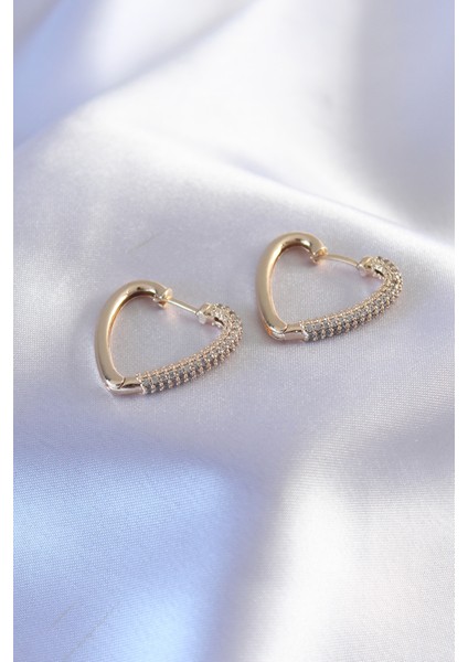 Gold Renk Zirkon Taşlı Kalp Model Kadın Küpe - Lisinya