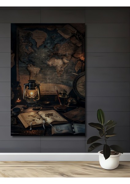 Eski Dünya Haritası Yağlı Boya Görünümlü Ahşap Dekoratif Tablo Dikdörtgen Tablo