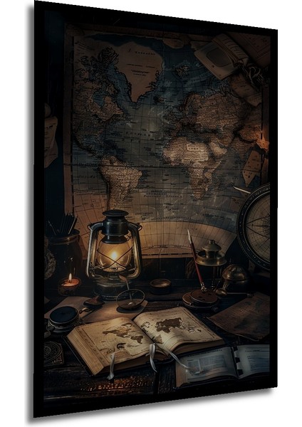 Eski Dünya Haritası Yağlı Boya Görünümlü Ahşap Dekoratif Tablo Dikdörtgen Tablo