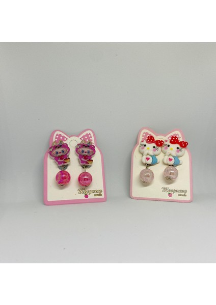 Kız Çocuk Labubu Bebek ve Hello Kitty Model Delik Olmayan Kulaklar Için Sıkıştırmalı Boncuklu Küpe (2 Çift)