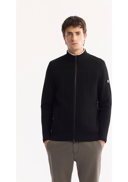 Erkek Siyah Dik Yaka Fermuarlı Yün Karışımlı Dokulu Regular Fit Hırka A52Y5044