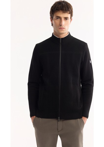 Erkek Siyah Dik Yaka Fermuarlı Yün Karışımlı Dokulu Regular Fit Hırka A52Y5044