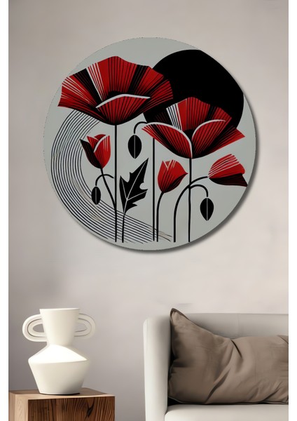 Kırmızı Haşhaş Çiçekleri Yağlı Boya Görünümlü Ahşap Dekoratif Tablo Yuvarlak Tablo