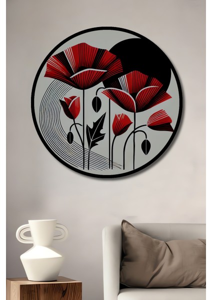 Kırmızı Haşhaş Çiçekleri Yağlı Boya Görünümlü Ahşap Dekoratif Tablo Yuvarlak Tablo fiyatları