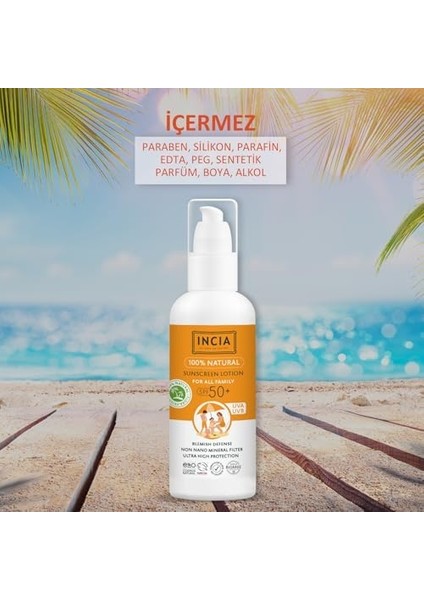 INCIA%100 Doğal ve Organik Tamanu Yağlı Güneş Losyonu Mineral Filtreli Tüm Aile Için 50 Spf 100 ml